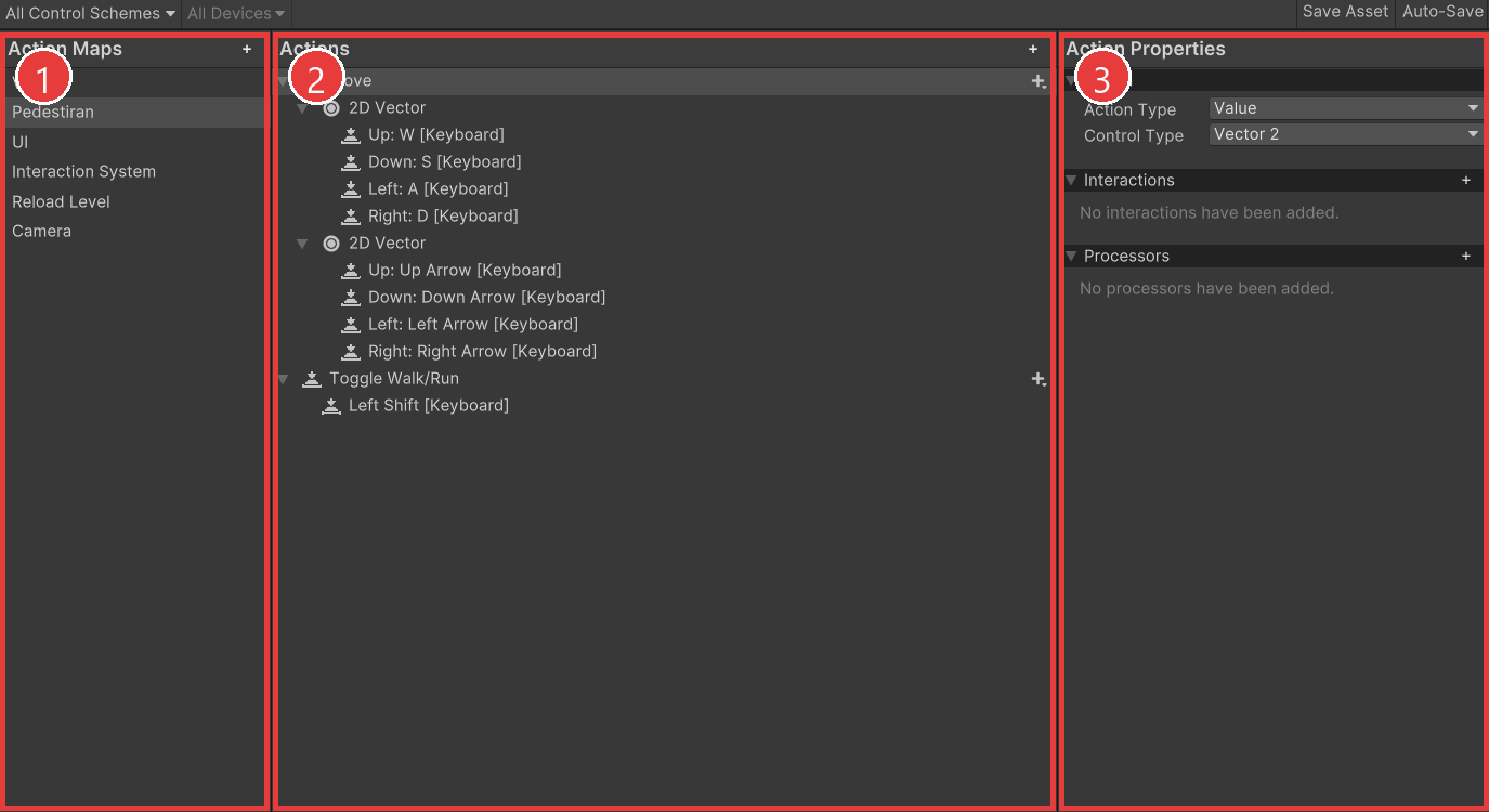 Action editor with 3 panes numbered and highlighted