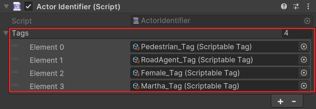 Actor Identifier in the Inspector, with four tags in its Tags list