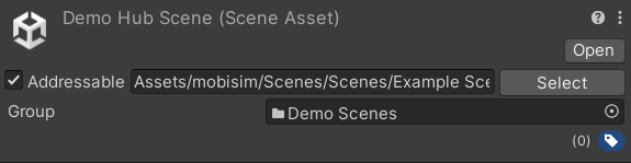 Addressable checkbox in the Inspector of a selected scene asset