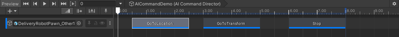 AI Command Track in the Timeline window, with Go To Location, Go To Transform, and Stop clips
