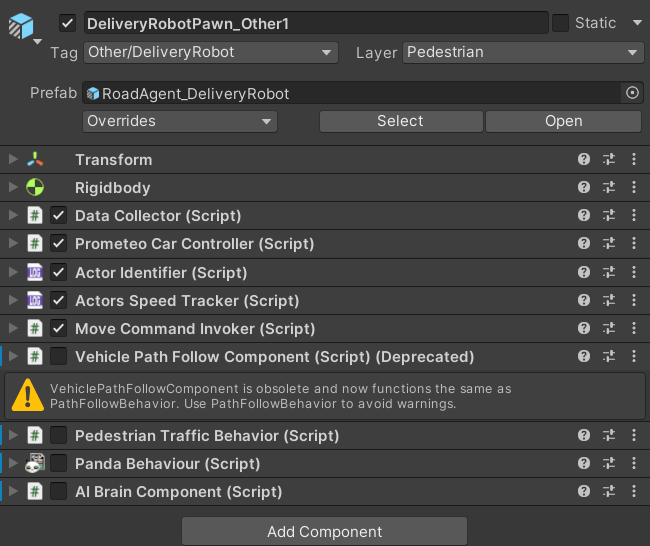 Agent's root in the Inspector, with the path follower, traffic behavior, AI Brain Component, and Panda Behaviour unticked