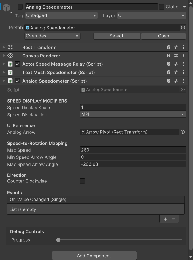Speedometer Inspector with Speed Display Unit and Speed Display Scale highlighted