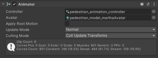 Animator on the character, with Controller set to pedestrian_animation_controller and Apply Root Motion unticked