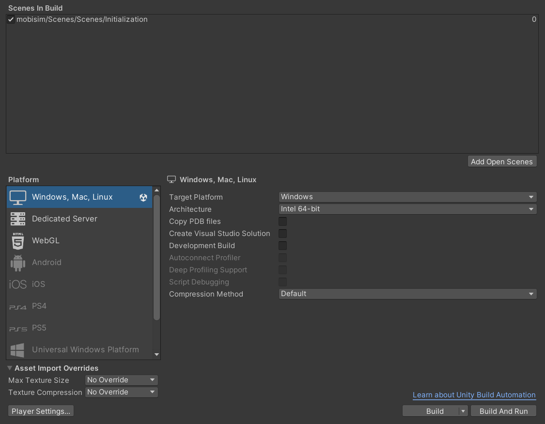 Build Settings window