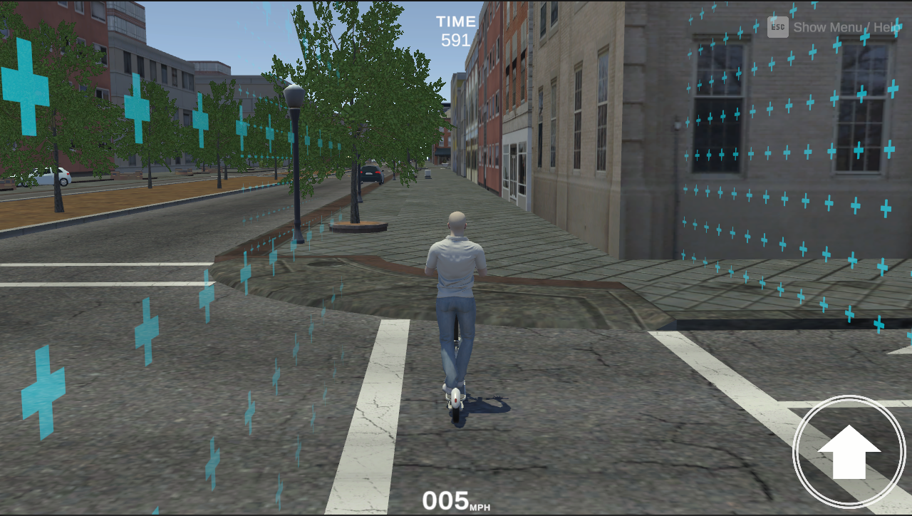 Mobility Scenario Demo in the Game view showing the scooter player and navigation display