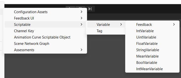 Create > ScriptableObject > Scriptable > Variable menu
