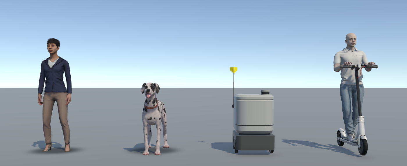 A pedestrian, a dog, a delivery robot, and a scooter with a rider, side by side