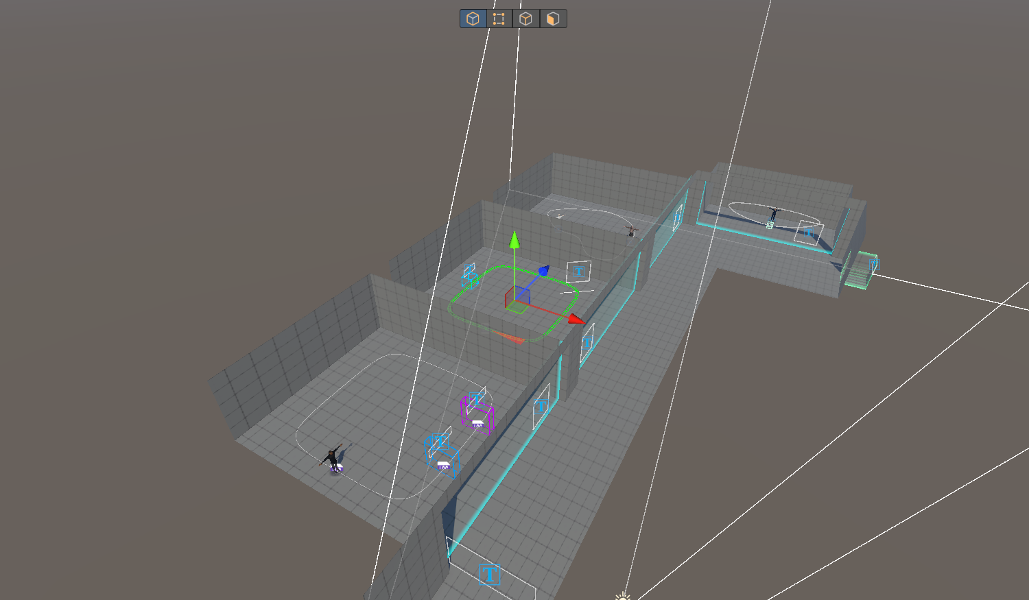 David's route and walk-run trigger areas in the Scene view, with Toggle Walk Event selected in the Inspector