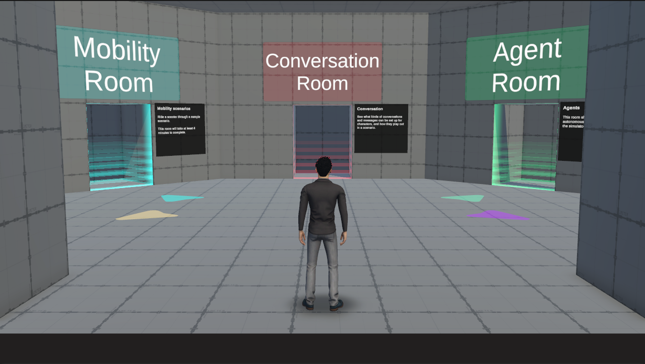 Demo Hub in the Game view showing the five room gates and their signs