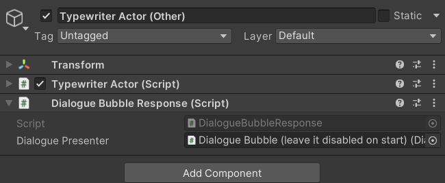 DialogueBubbleResponse component in the Inspector with the Dialogue Presenter field assigned