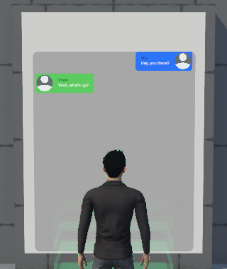 TODO: Screenshot - in-game phone chat panel showing an SMS-style thread with sent and received messages