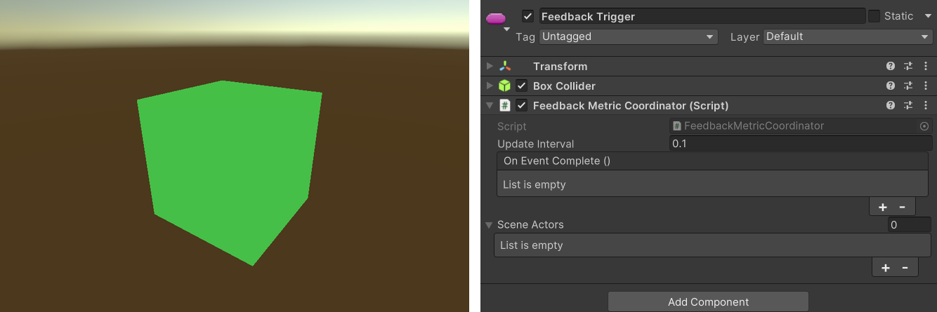 Feedback Trigger prefab in the Scene view with its FeedbackMetricCoordinator in the Inspector