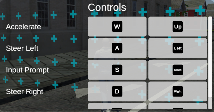 Help panel in the Game view showing the keyboard controls for the current vehicle