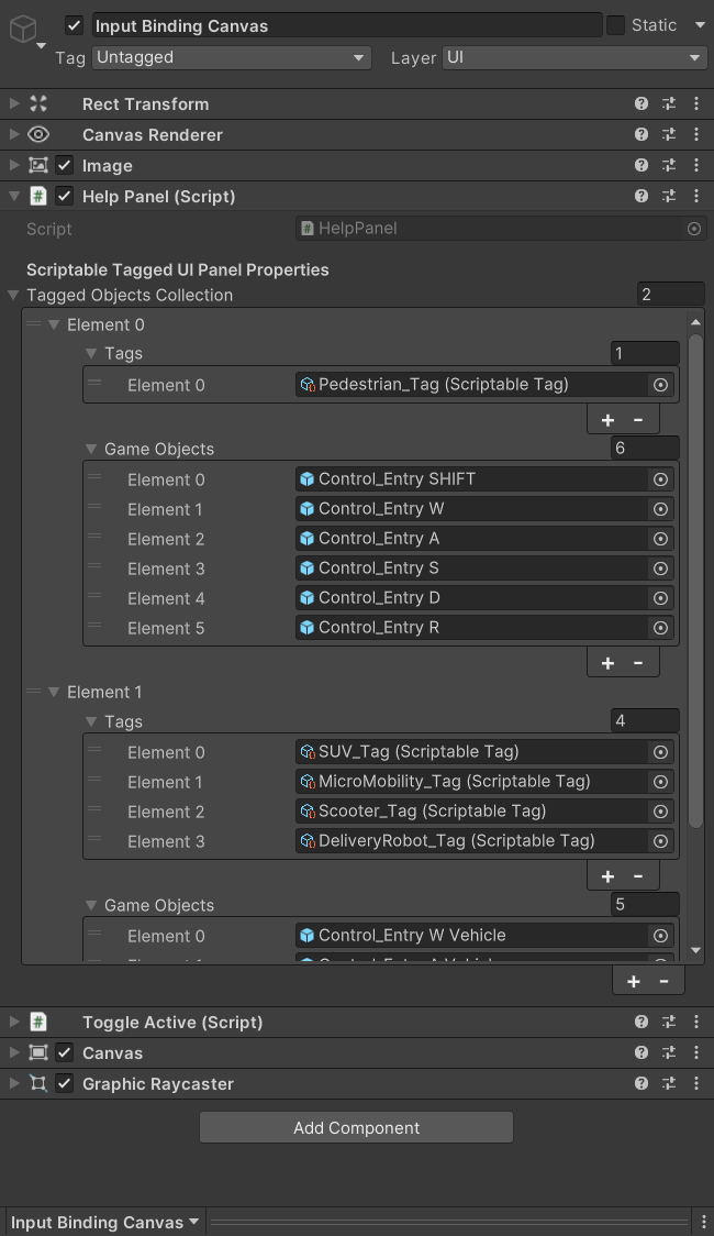 HelpPanel component in the Inspector with two Tagged Objects Collection entries, one for the scooter and one for walking
