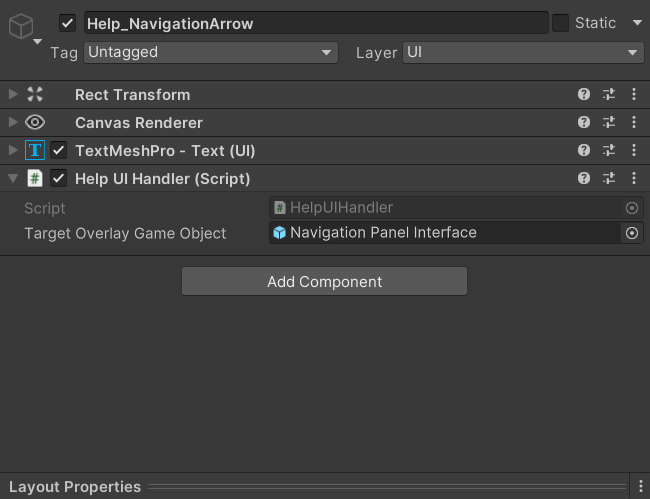 HelpUIHandler in the Inspector with the Target Overlay GameObject assigned
