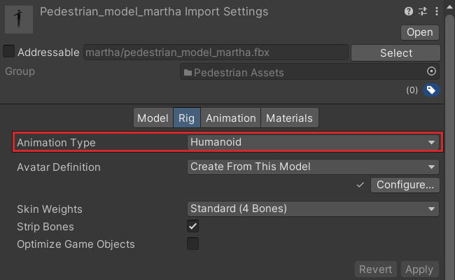 Rig tab of a character model in the Inspector, with Animation Type set to Humanoid