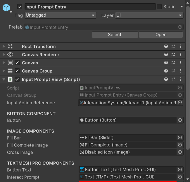 An Input Prompt Entry Inspector with the Input Action Reference field assigned to an action from the Player Input Asset