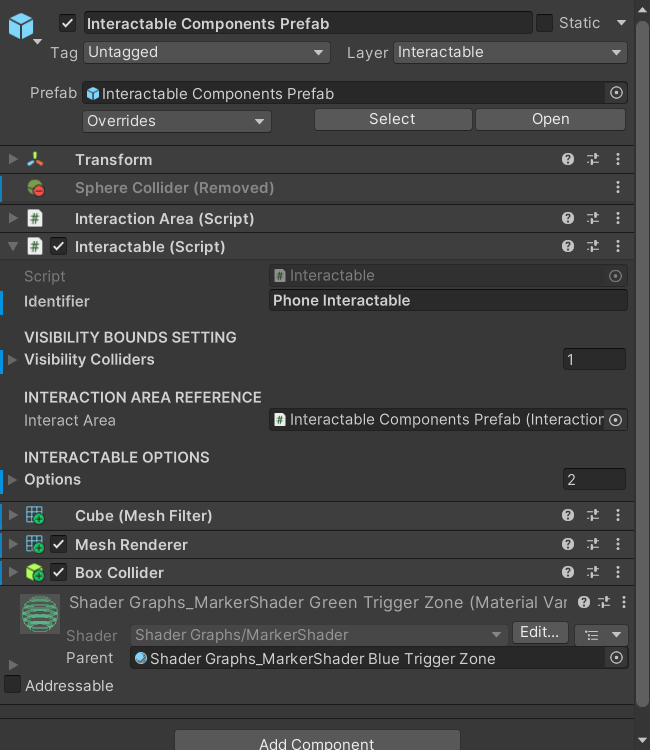 The Interactable component in the Inspector, showing the Identifier, Visibility Colliders, Interact Area, and Options fields