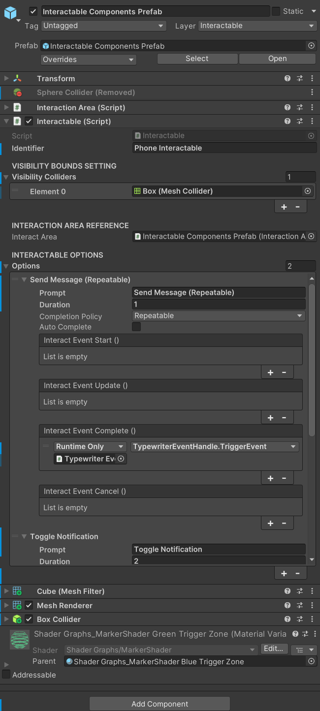 The Interactable Inspector with the Options list expanded, showing one configured option with Prompt, Duration, and event fields visible