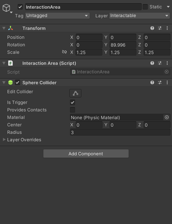 The InteractionArea child Inspector showing the InteractionArea component, a Sphere Collider with Is Trigger checked, and the Layer set to Interactable