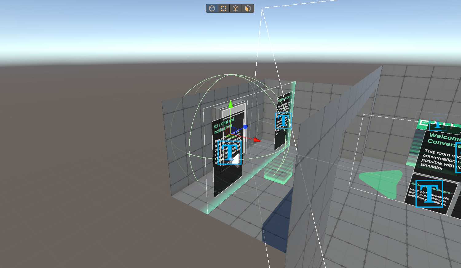 The Scene view showing the collider trigger zone around the interactable world object