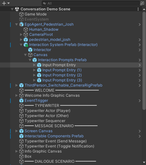 The Hierarchy showing the participant character with the Interaction Prompts Prefab as a child