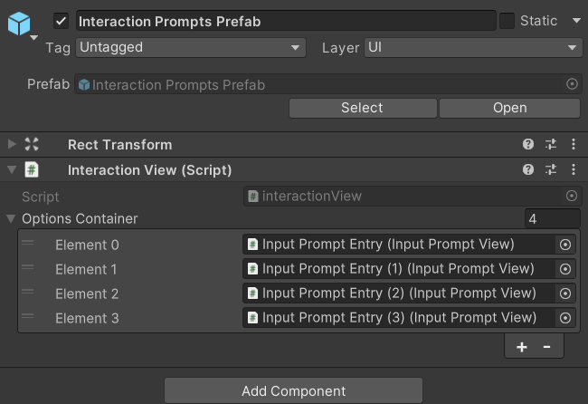 The InteractionView Inspector with the Options Container list populated with 4 Input Prompt Entry references in order