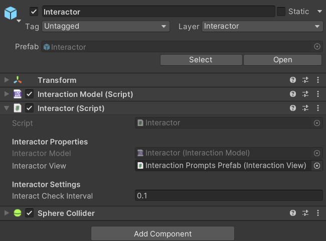 The Interactor component in the Inspector, showing the Interactor View and Interact Check Interval fields