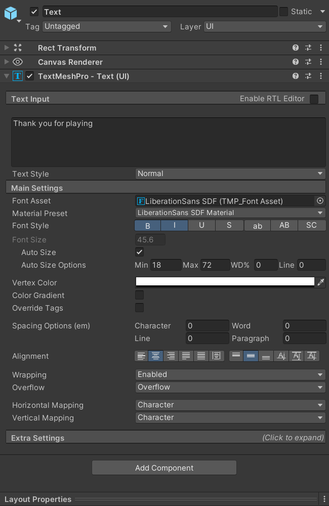 Message text updated in the Inspector