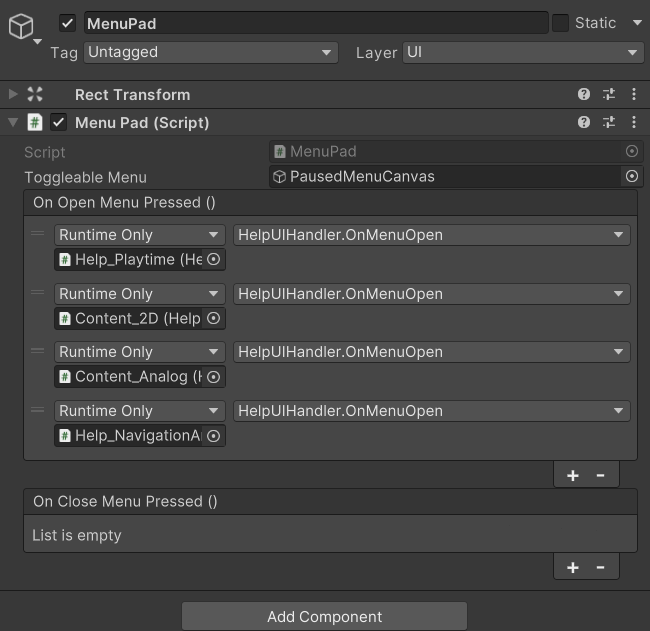 MenuPad in the Inspector with the menu root assigned to Toggleable Menu