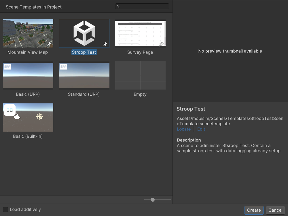 image of New Scene Dialog with Stroop Test Selected