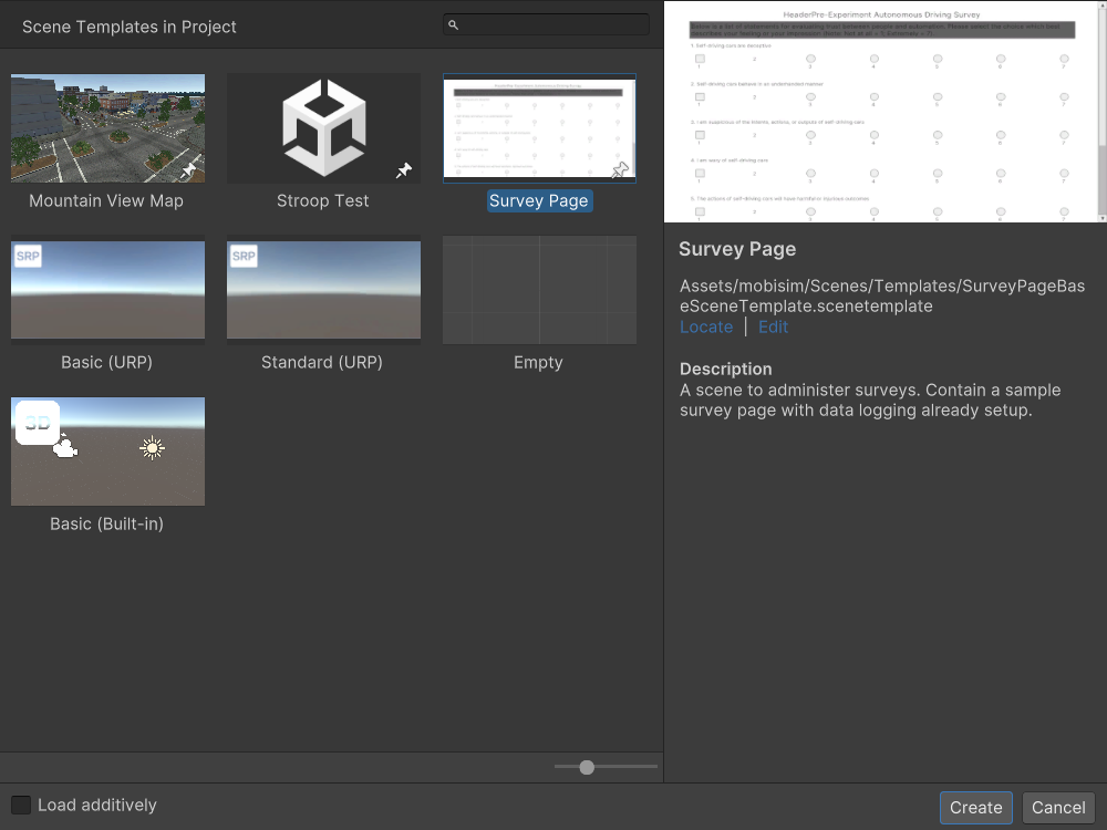 Image of New Scene Dialog with Survey Template Selected