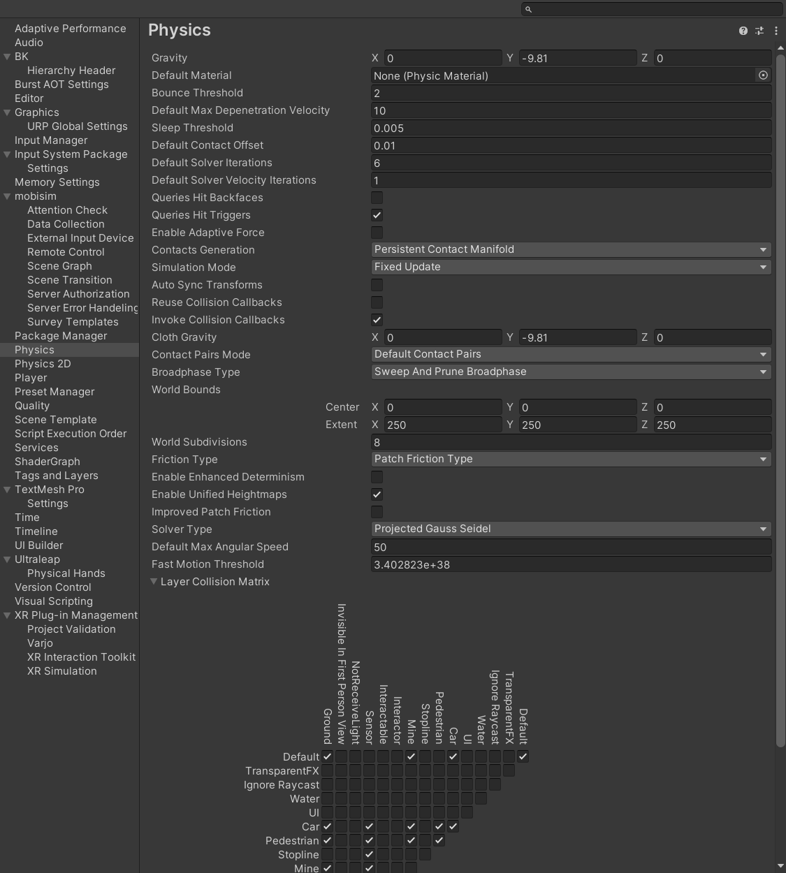 Layer Collision Matrix in Project Settings