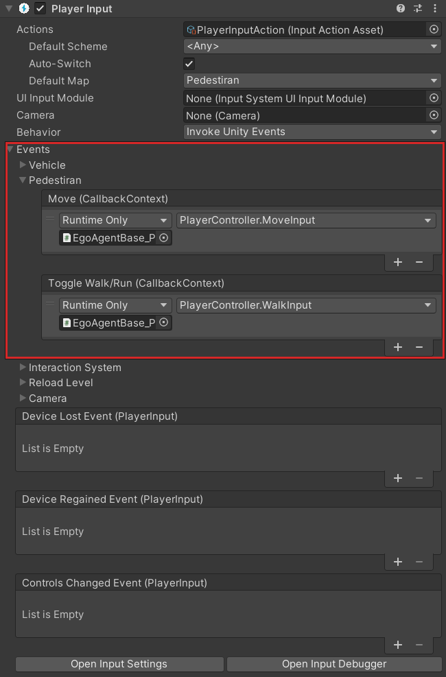 UnityEvent under Events foldout in Player Input Component Inspector