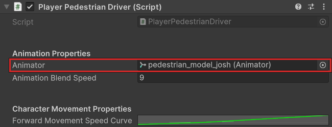 Player Pedestrian Driver in the Inspector, with the character in Animator