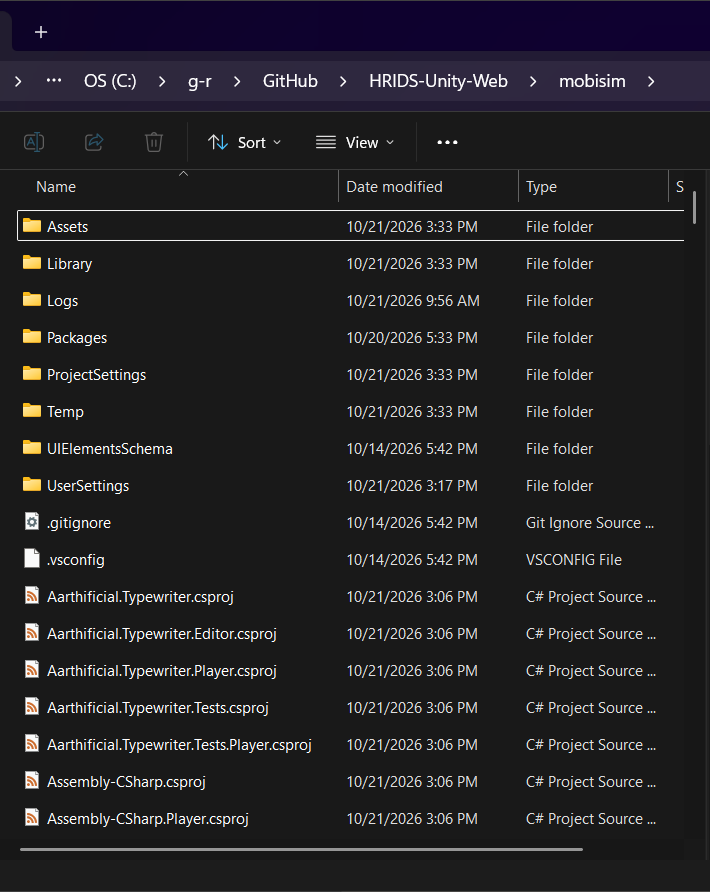 Image showing content of the HRI-MobiSim project folder