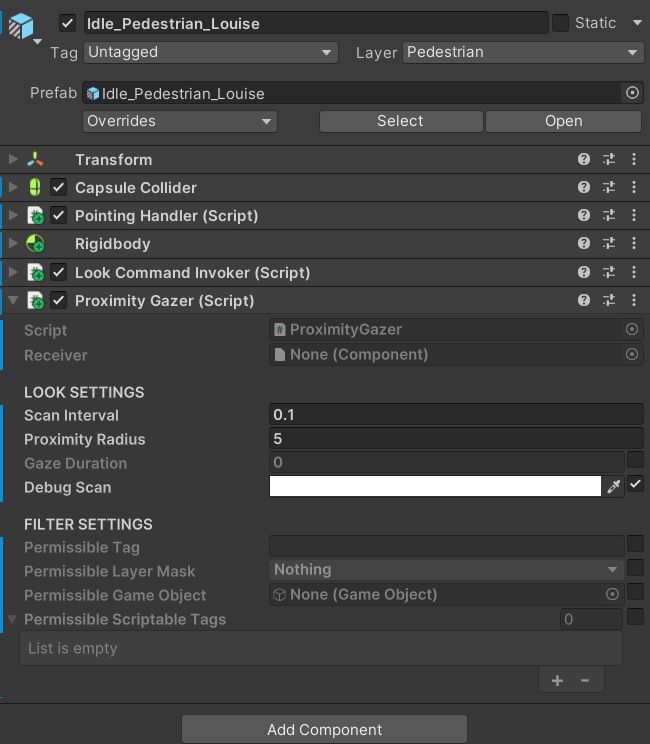 ProximityGazer in the Inspector with the Receiver, radius, and filter settings