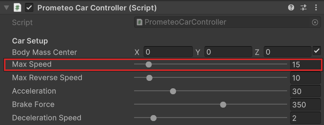 Max Speed slider under Car Setup on the Prometeo Car Controller