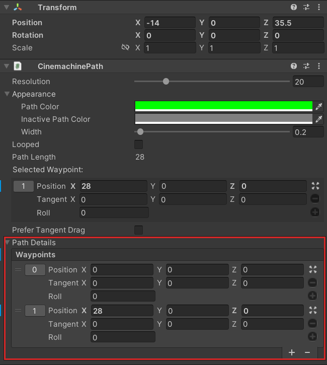 Path Details in the Inspector listing the coordinates of Point 0 and Point 1