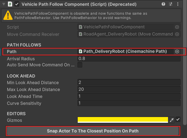 Vehicle Path Follow Component with the path assigned and the Snap Actor To The Closest Position On Path button