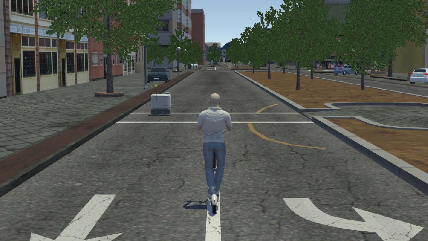 Game view in Play mode behind the scooter as the delivery robot enters the crosswalk