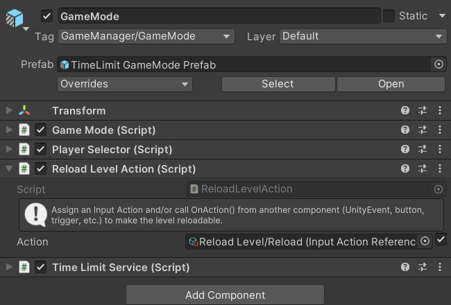 ReloadLevelAction attached to GameObject