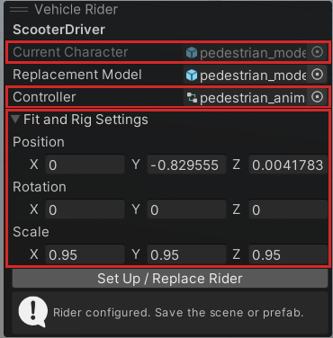 The Vehicle Rider panel with Current Character, Controller, and Fit and Rig Settings highlighted
