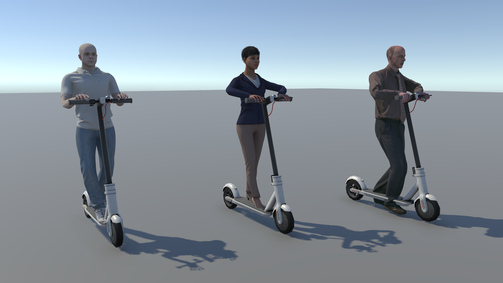 Three E-Scooters side by side, each with a different rider