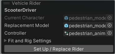 The Vehicle Rider panel, showing the current character, the replacement model, and the riding animation