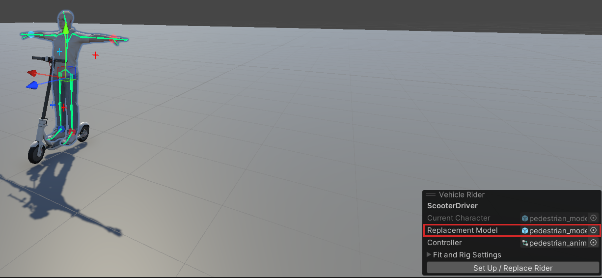 The Vehicle Rider panel with pedestrian_model_martha dragged into Replacement Model