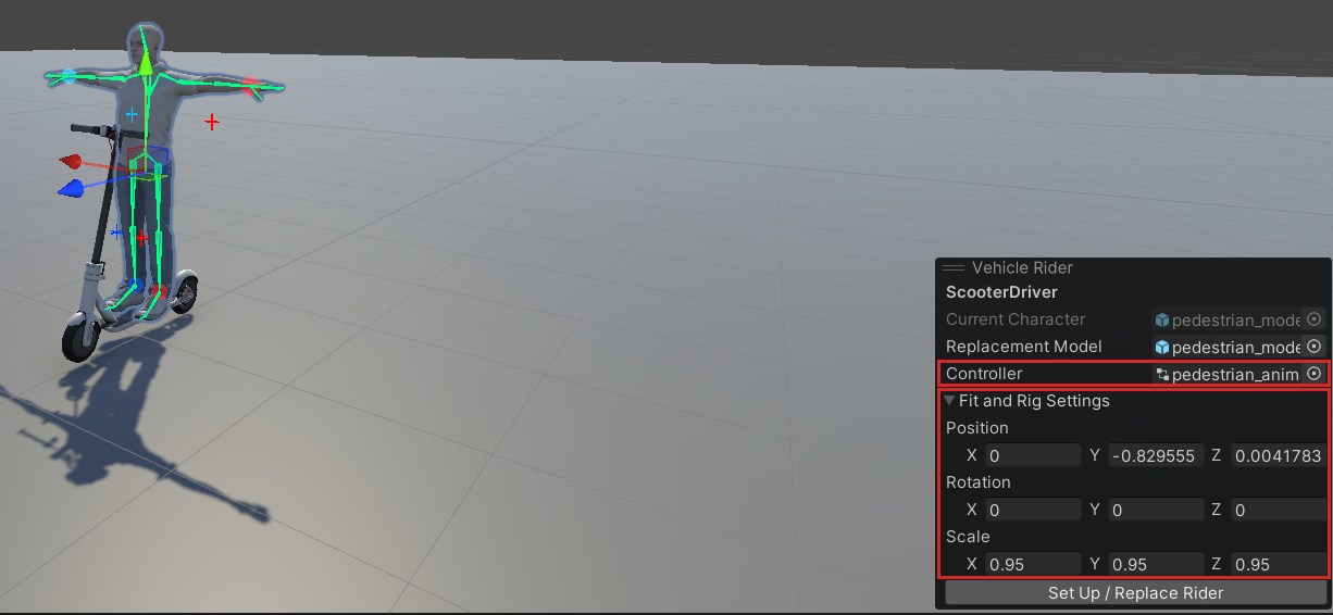 The Vehicle Rider panel with Controller and the expanded Fit and Rig Settings highlighted