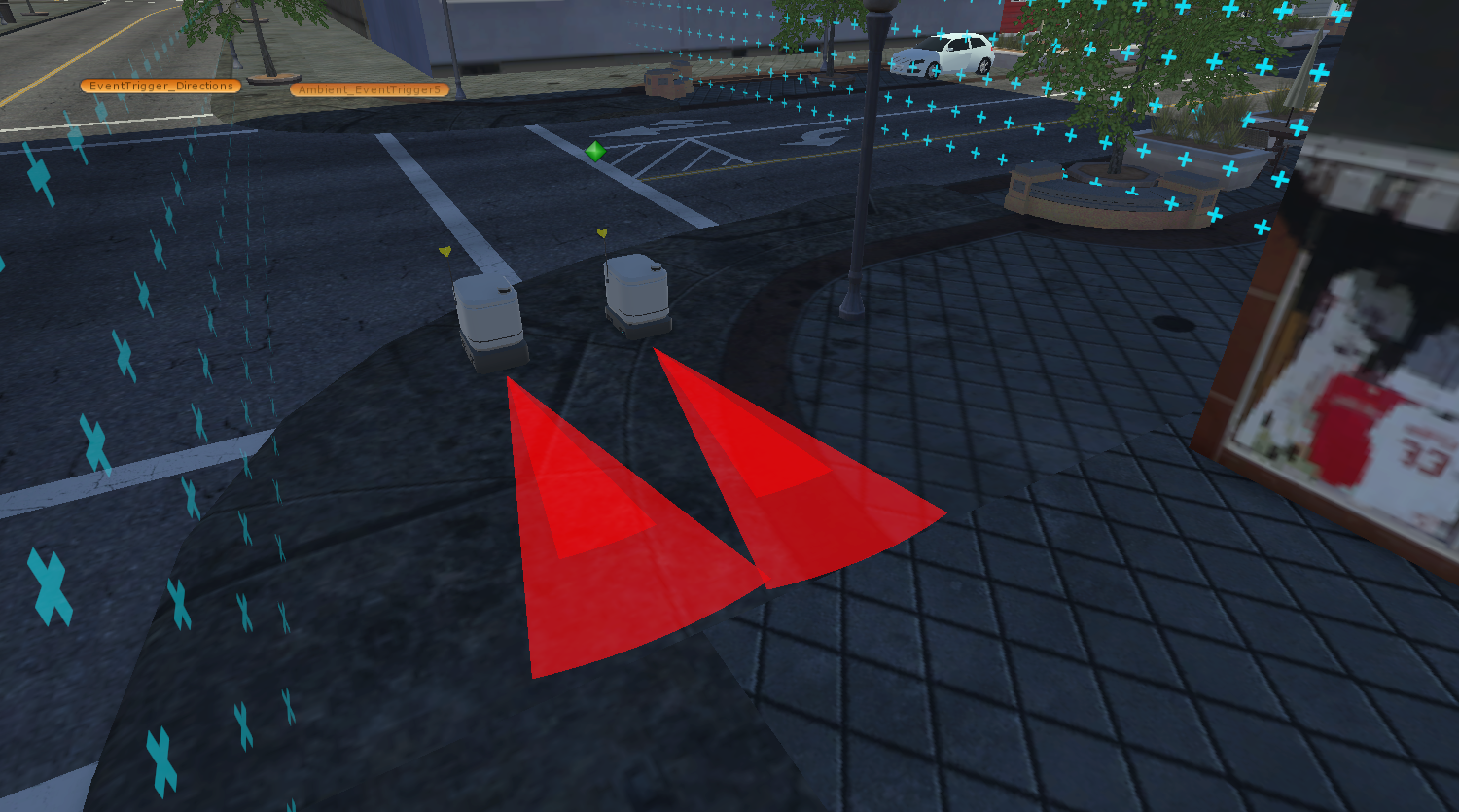 KeepDistanceOtherCarsArea sensor shown in the Scene view in front of a delivery robot