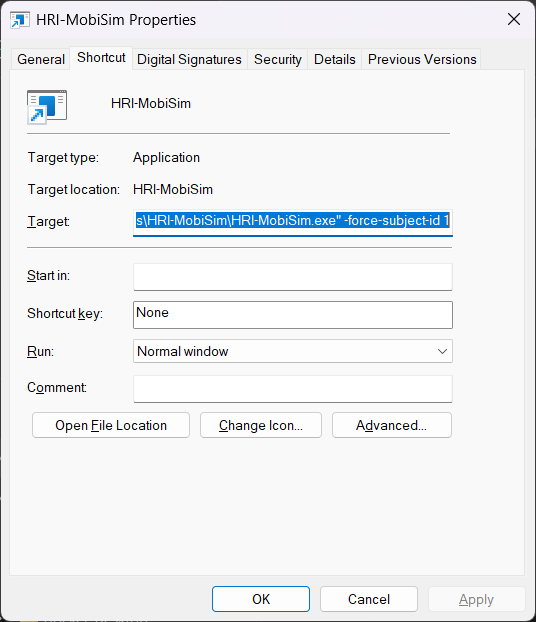 Image of Properties Window with modified target