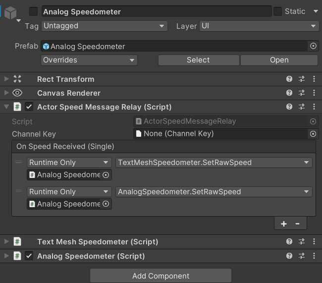ActorSpeedMessageRelay in the overlay with On Speed Received connected to the speedometer's SetRawSpeed